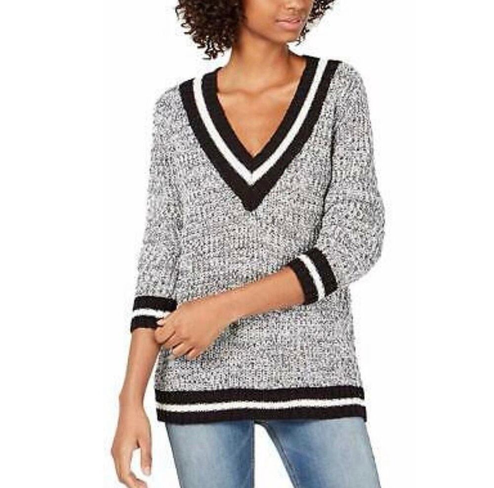 NWT Dark Academia Full Tilt V-Neck Varsity Knit Sweater sz XL Heather Gray Black